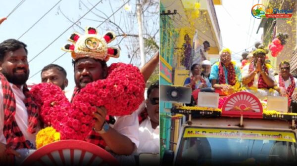 20 அடி உயர மாலை, ஜேசிபி மலர் தூவல்! திமுக வேட்பாளருக்கு பிரம்மாண்ட வரவேற்பு!