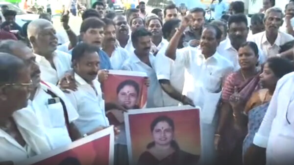 மதுராந்தகத்தில் மரகதம் குமரவேலை எதிர்த்து அதிமுக ஆர்ப்பாட்டம்