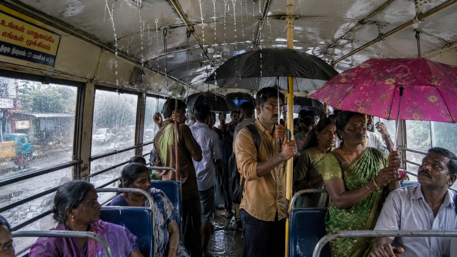 அரசு பேருந்துக்குள் கொட்டிய மழைநீர் – பயணிகள் கடும் அவதி!