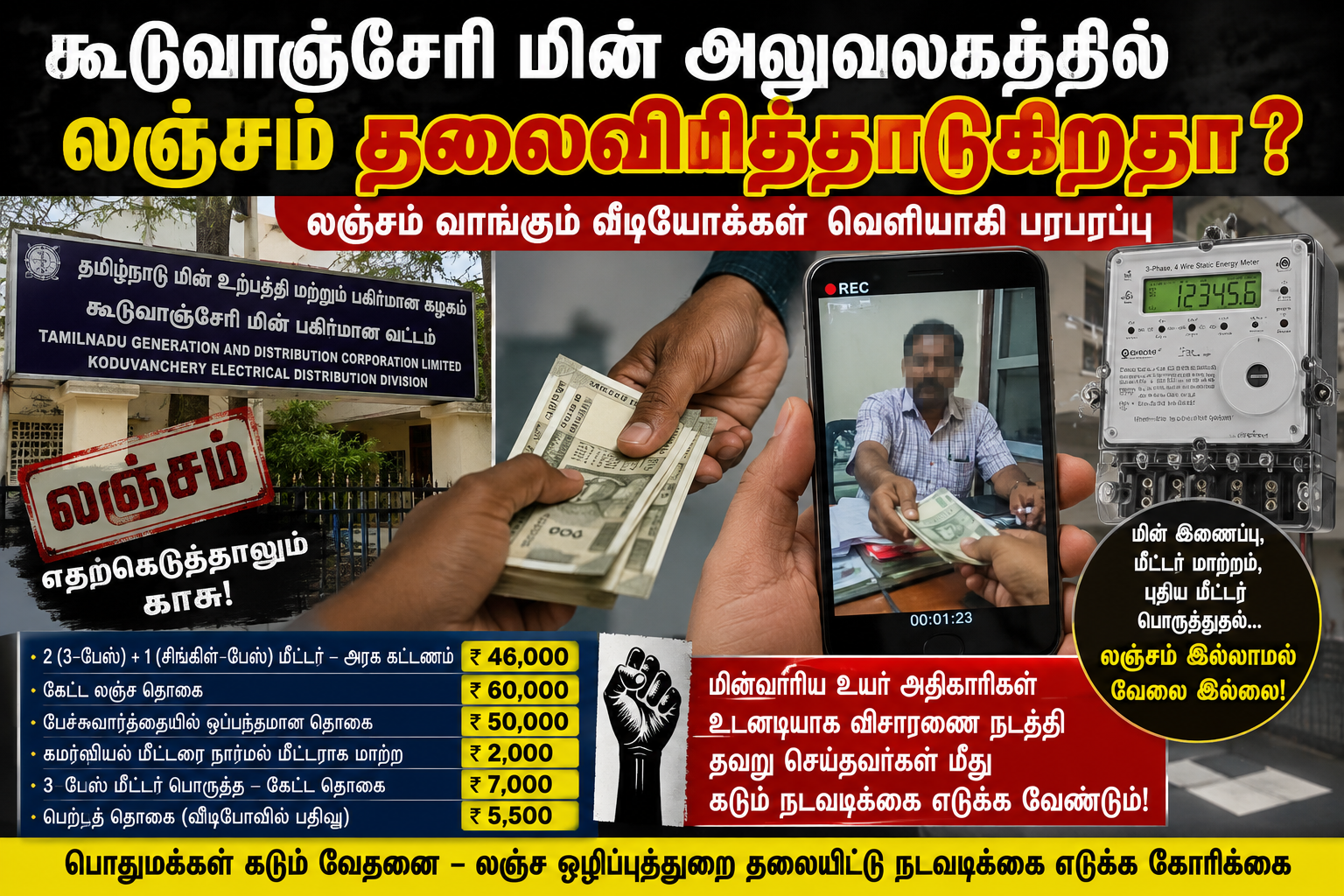 கூடுவாஞ்சேரி மின்வாரியத்தில்  லஞ்சம். அதிர்ச்சி  வீடியோ