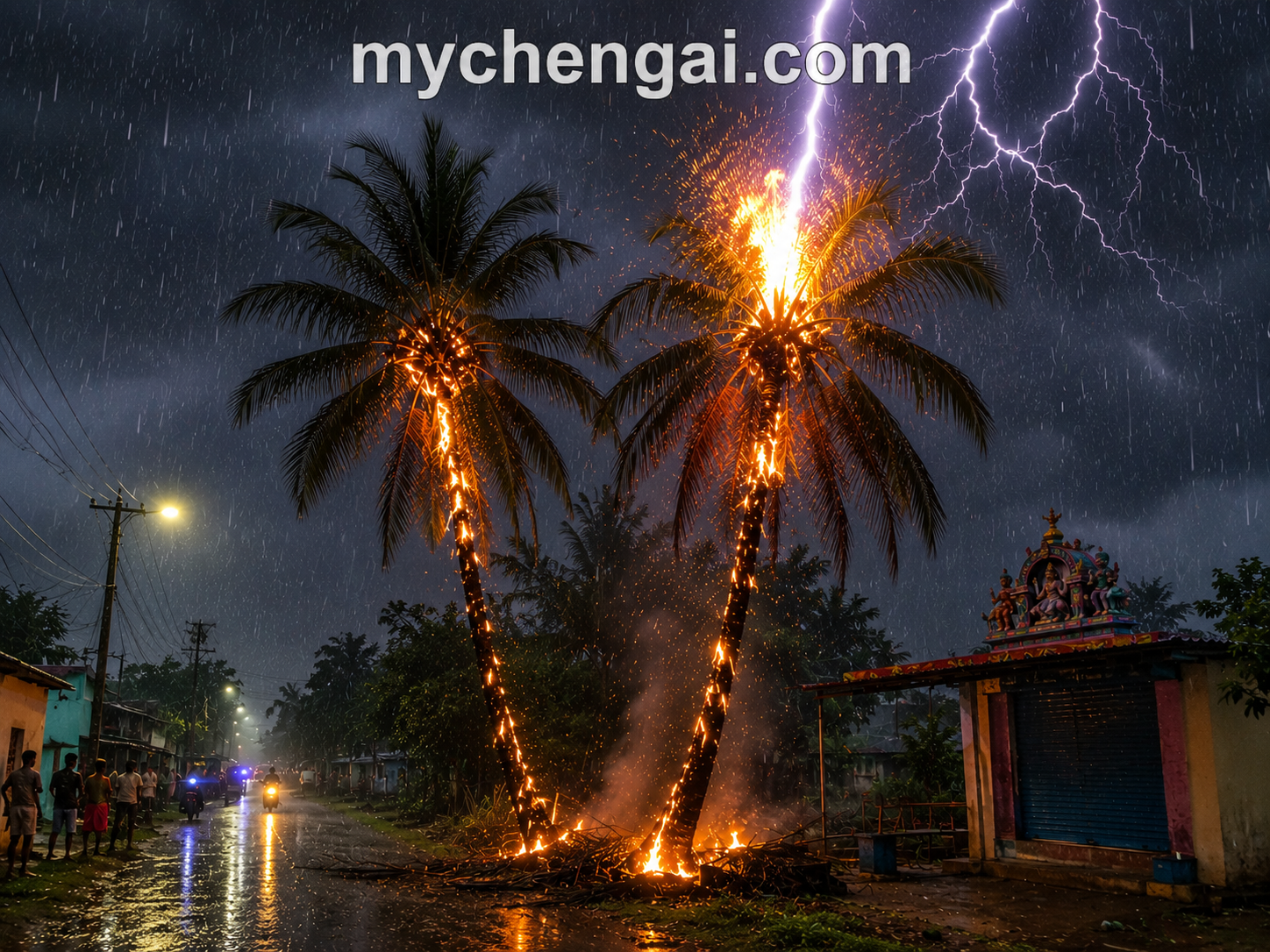 வண்டலூரில் கனமழை: இடி தாக்கி தென்னை மரங்கள் எரிந்தன