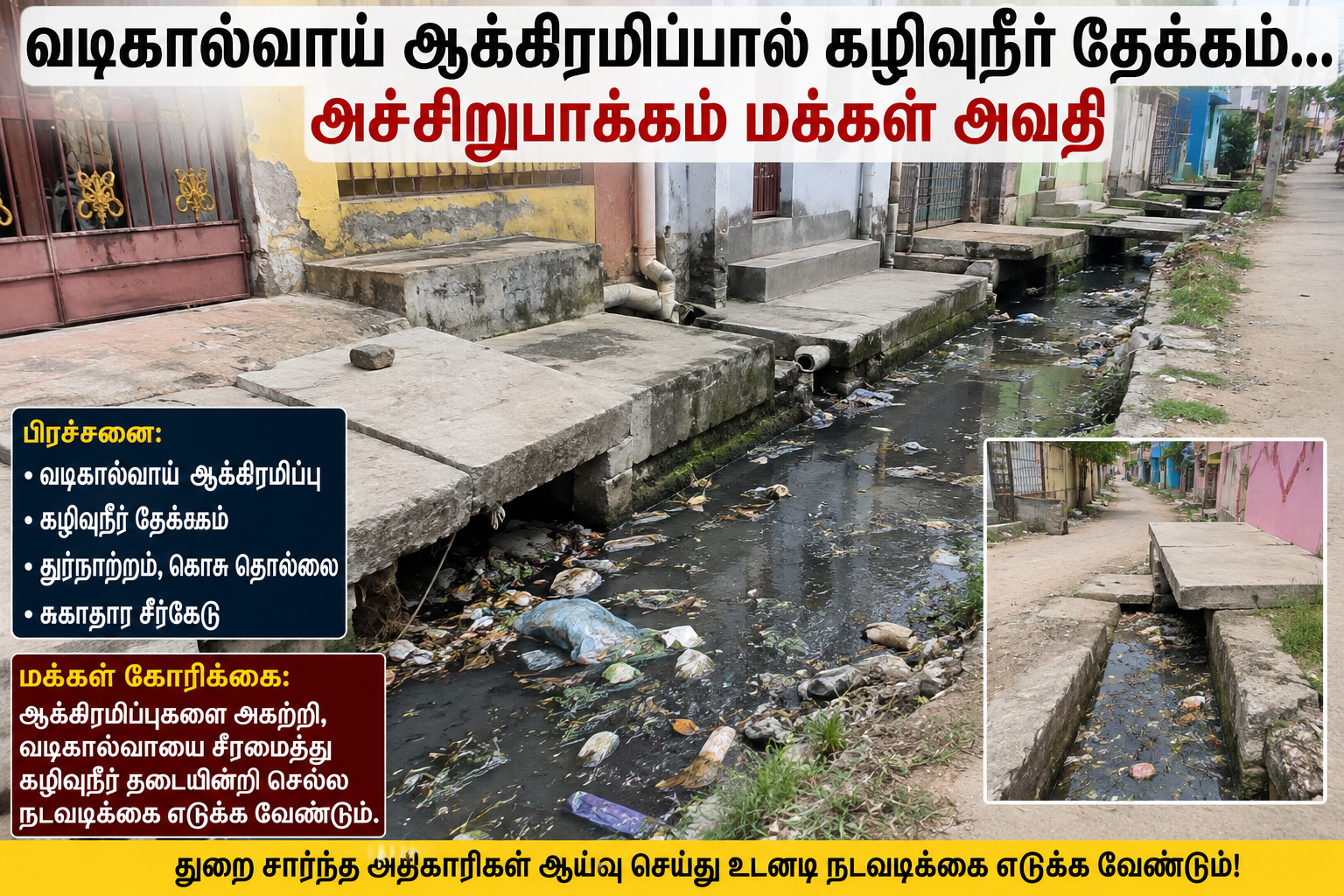 வடிகால்வாய் ஆக்கிரமிப்பால் கழிவுநீர் தேக்கம்…