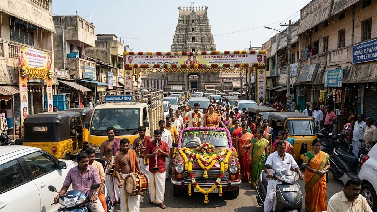 திருக்கழுக்குன்றத்தில் மணமக்கள் ஊர்வலத்தால் போக்குவரத்து நெரிசல்