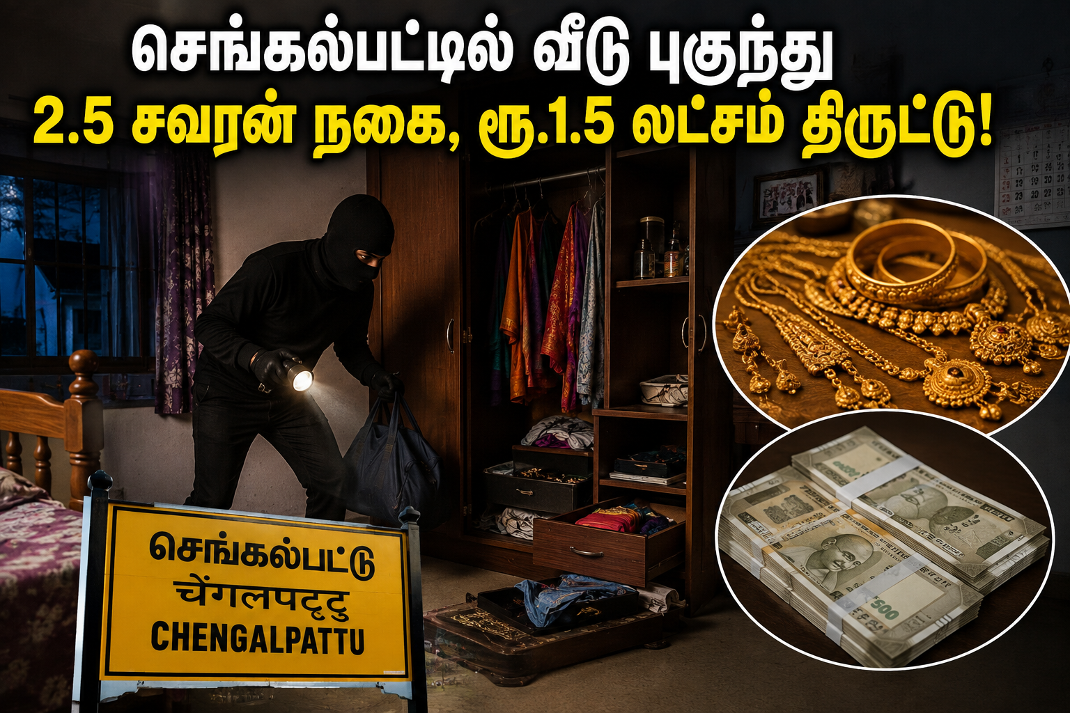 செங்கல்பட்டில் வீடு புகுந்து 2.5 சவரன் நகை, ரூ.1.5 லட்சம் திருட்டு!